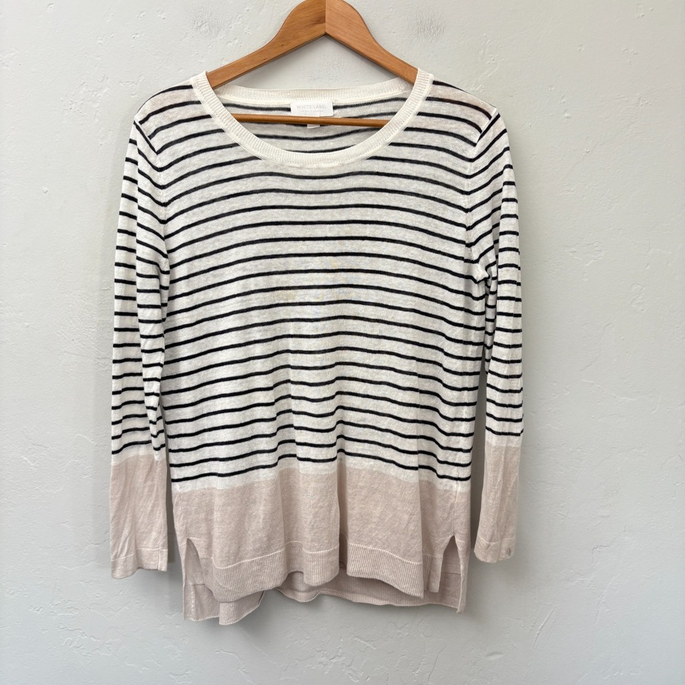 White Label The White Company 100% Linen Sweater Women Size 6 White Blue Striped